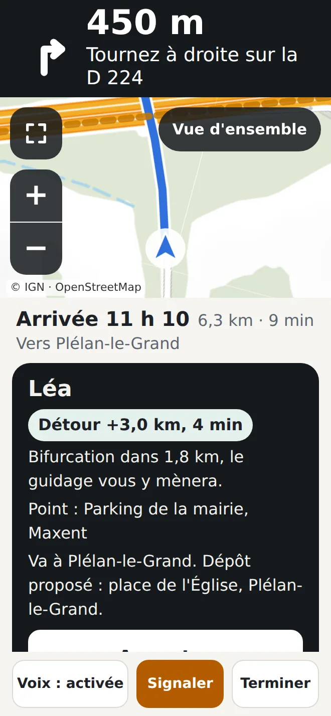 Écran conducteur : Léa attend à Maxent, détour +3,0 km et 4 minutes, bifurcation dans 1,8 km.