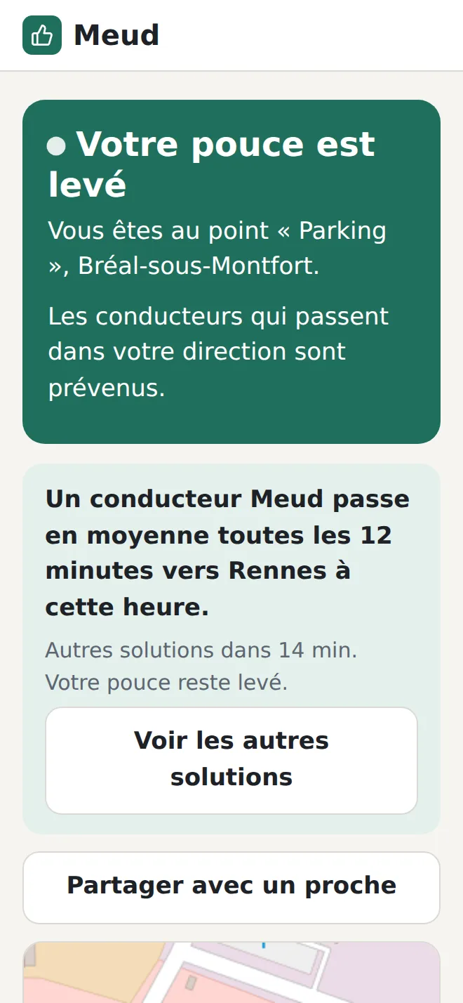 Écran d'attente : « Un conducteur Meud passe en moyenne toutes les 12 minutes vers Rennes à cette heure », autres solutions dans 14 minutes.