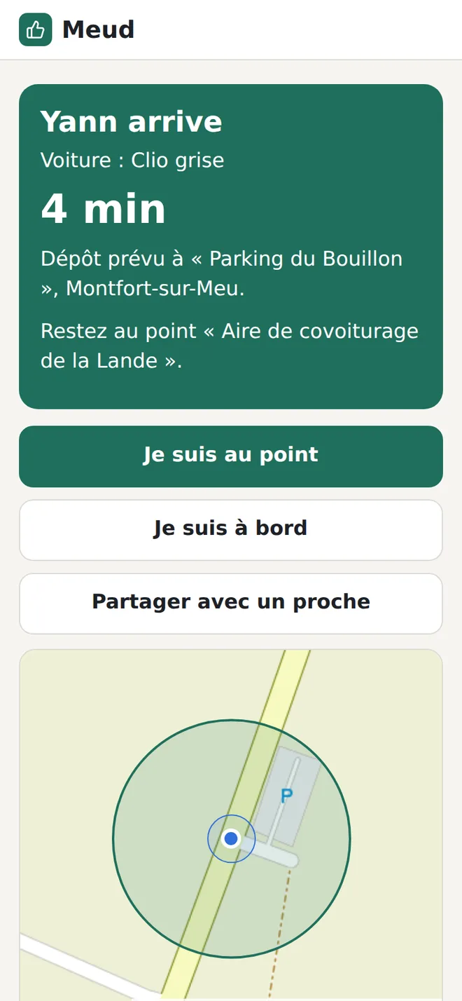 Écran du passager : Yann arrive, voiture Clio grise, dans 4 minutes, dépôt prévu au parking du Bouillon à Montfort-sur-Meu.
