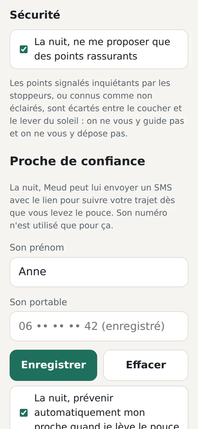 Profil : proche de confiance Anne, numéro enregistré, case « La nuit, prévenir automatiquement mon proche » cochée.