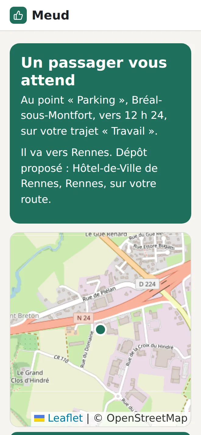 Page reçue par SMS par le conducteur : un passager vous attend au point Parking, Bréal-sous-Montfort, vers 12 h 16, boutons Oui je le prends et Pas cette fois.