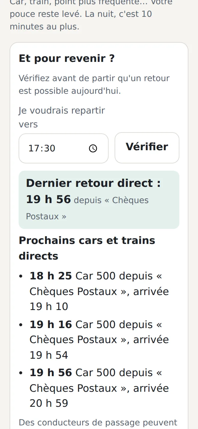 Bloc « Et pour revenir ? » : cars 500 depuis Rennes à 18 h 25, 19 h 16 et 19 h 56, dernier départ direct à 19 h 56.