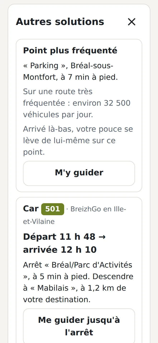 Panneau « Autres solutions » : point plus fréquenté à 7 minutes à pied au bord de la N24, puis car BreizhGo 501 vers Rennes avec heures de départ et d'arrivée.